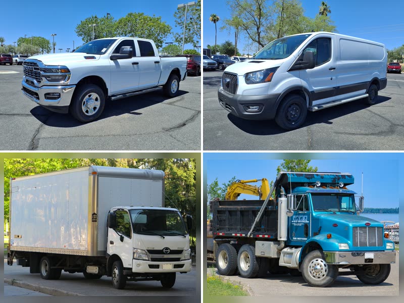 A fleet of four work vehicles: a pickup, a cargo van, a box truck and a dump truck