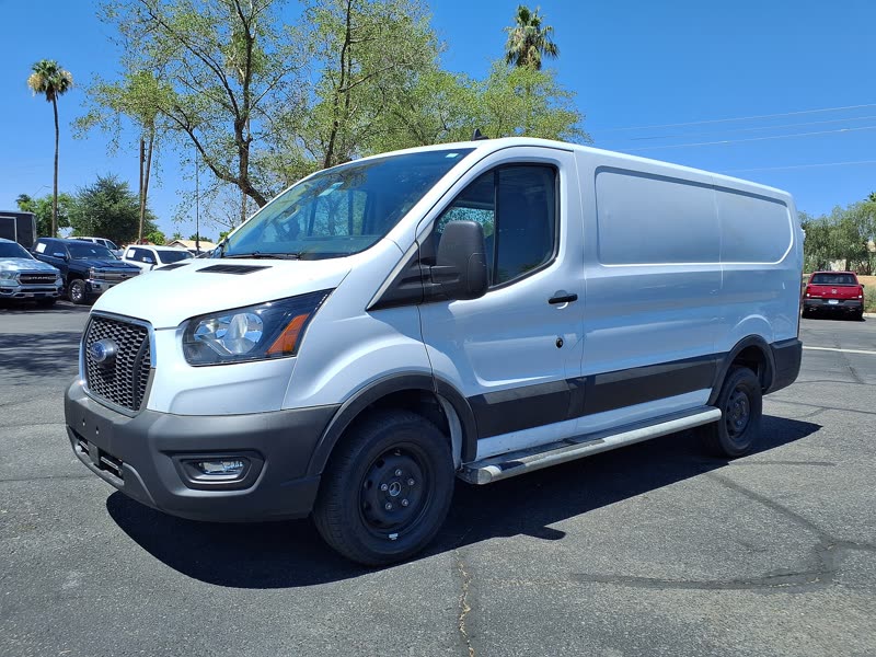 White Ford Transit cargo van parked under palm trees